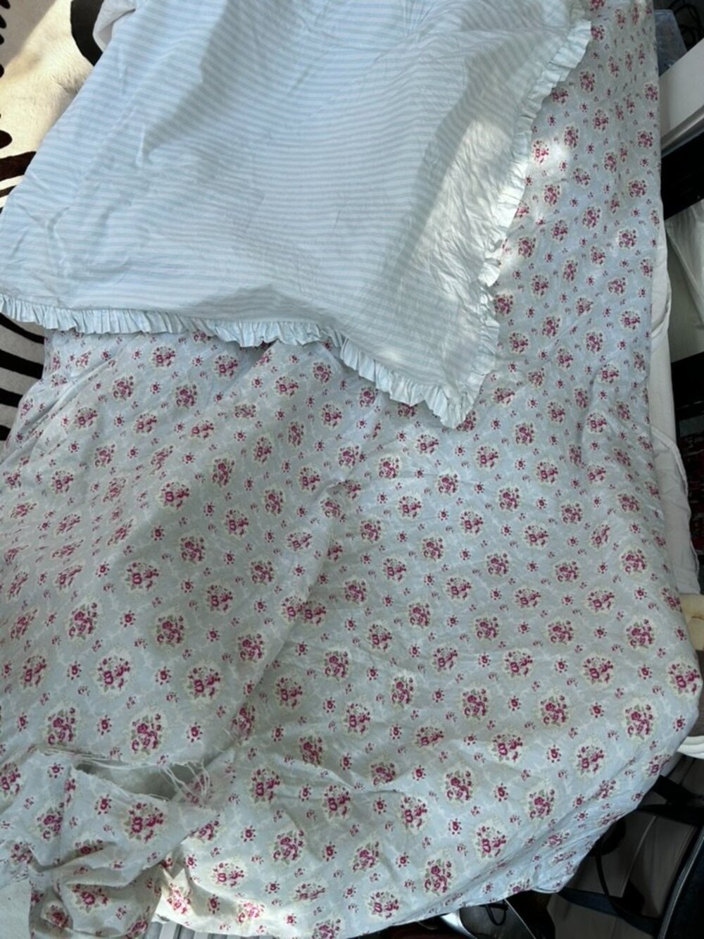 Shabby Chic Rachel Aswell KING pink floral blue ticking stripe comforter blanket